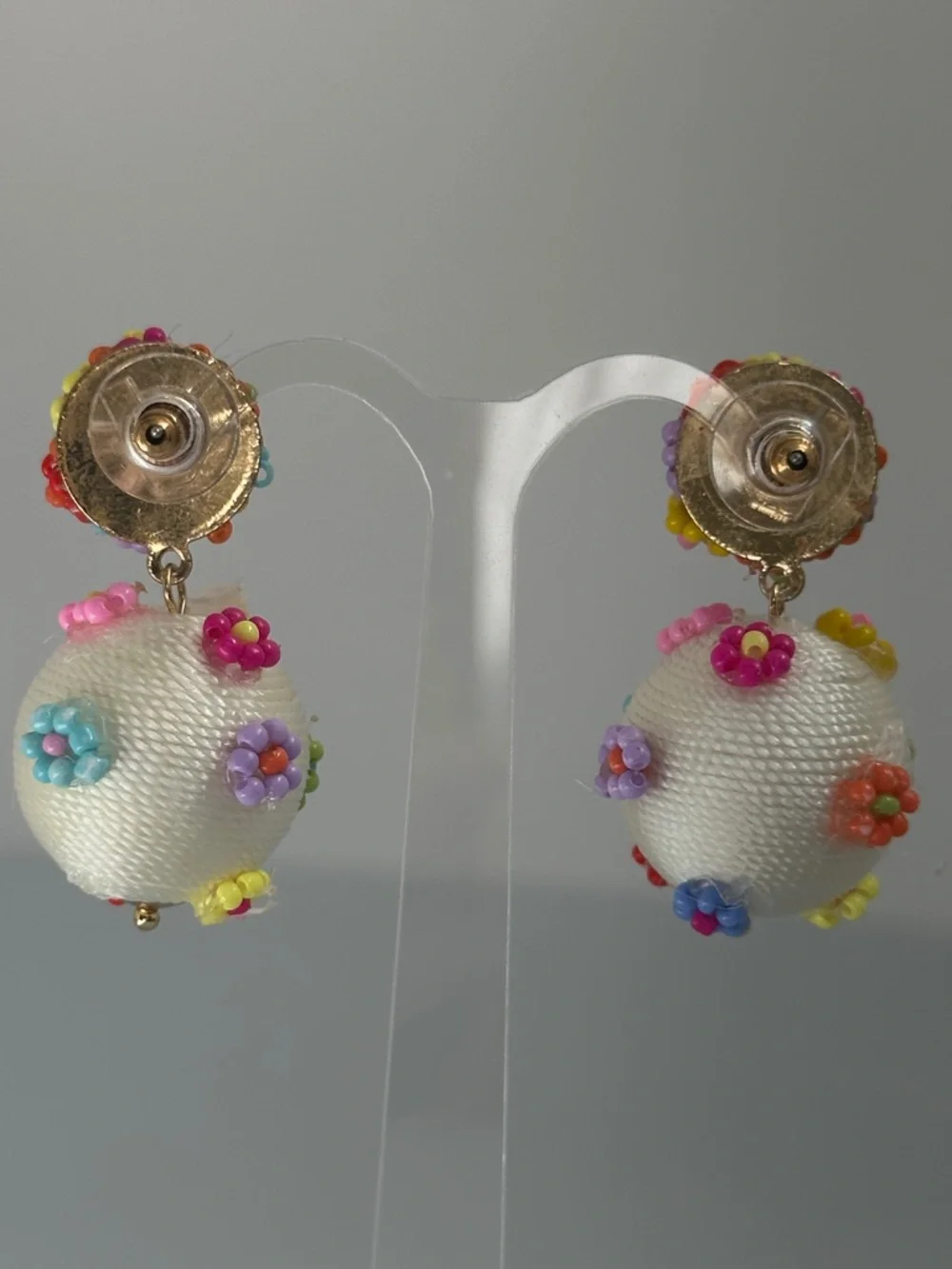 Colorful White Beaded Floral Drop Earrings